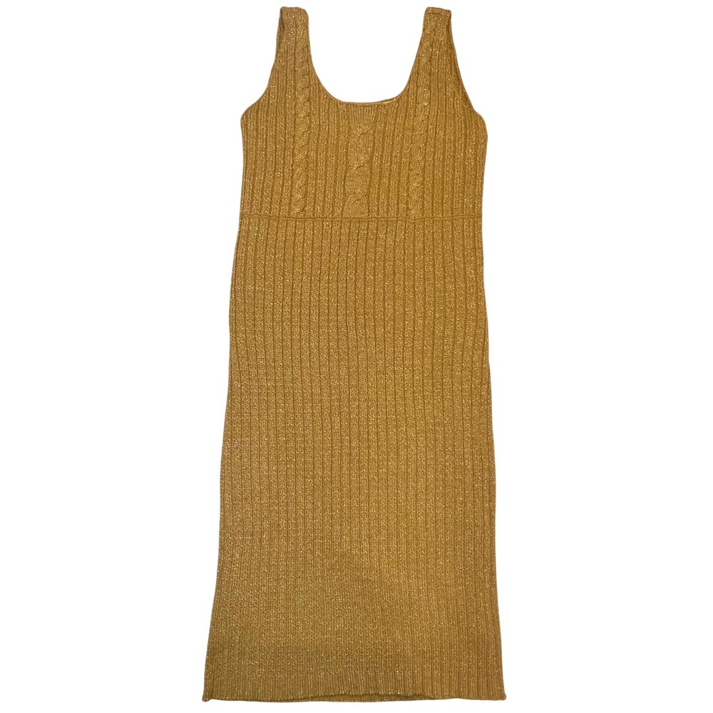 Newport News Easy Gold Metallic Cable Knit Quiet Luxury Sweater Dress Size L
